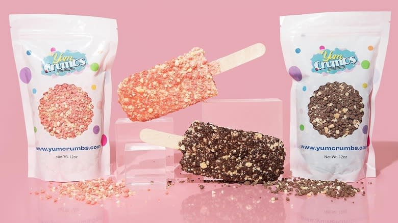 Two Yum Crumbs packages with dipped popsicles