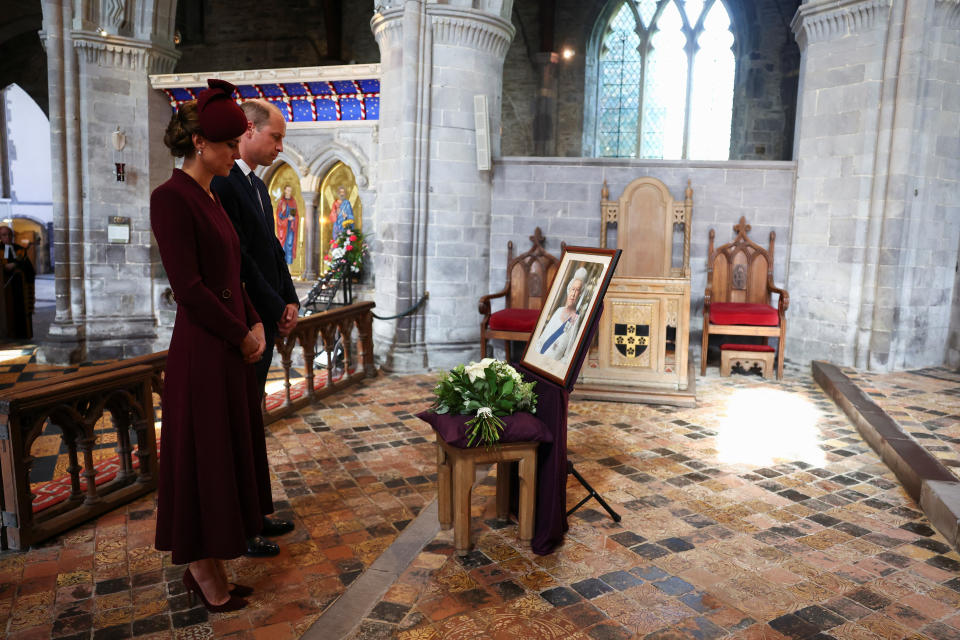 ST DAVIDS, WALES - SEPTEMBER 08: Prince William, Prince of Wales and Catherine, Princess of Wales attend a service at St Davids Cathedral, on the first anniversary of Queen Elizabeth's death, on September 8, 2023 in St Davids, Wales. Queen Elizabeth II passed away at Balmoral Castle, her private Scottish residence, on September 8th 2022. This brought to an end her 70-year reign, the longest of a British monarch. Her funeral was held at Westminster Abbey on 19 September and she is buried in St George's Chapel at Windsor Castle. (Photo by Toby Melville - WPA Pool/Getty Images)