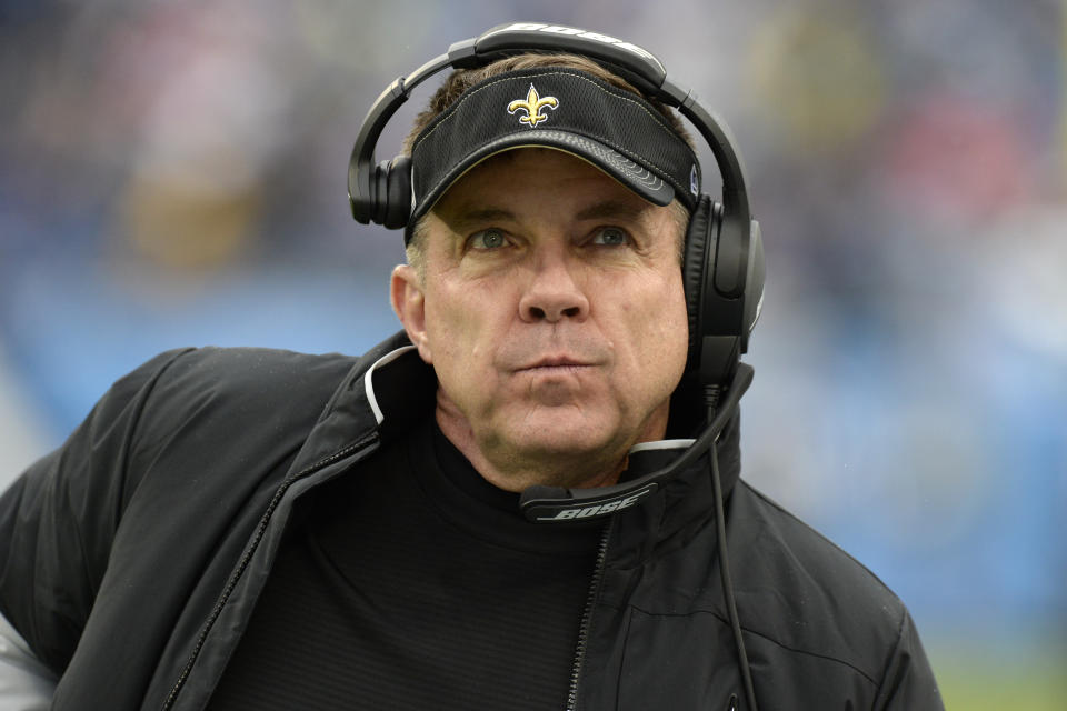 New Orleans Saints head coach Sean Payton watches from the sideline in the second half of an NFL football game against the Tennessee Titans Sunday, Dec. 22, 2019, in Nashville, Tenn. (AP Photo/Mark Zaleski)