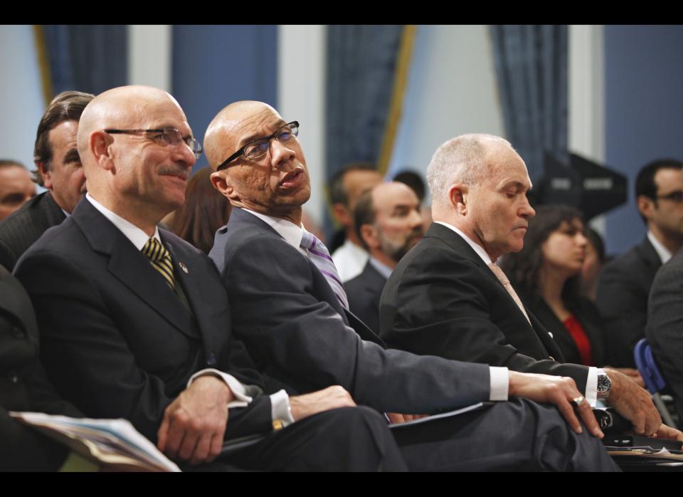 New York City Fire Commissioner Salvatore Cassano, left, sits with New York City Schools Chancellor Dennis M. Walcott, center, and New York City Police Commissioner Raymond Kelly during New York Mayor Michael Bloomberg