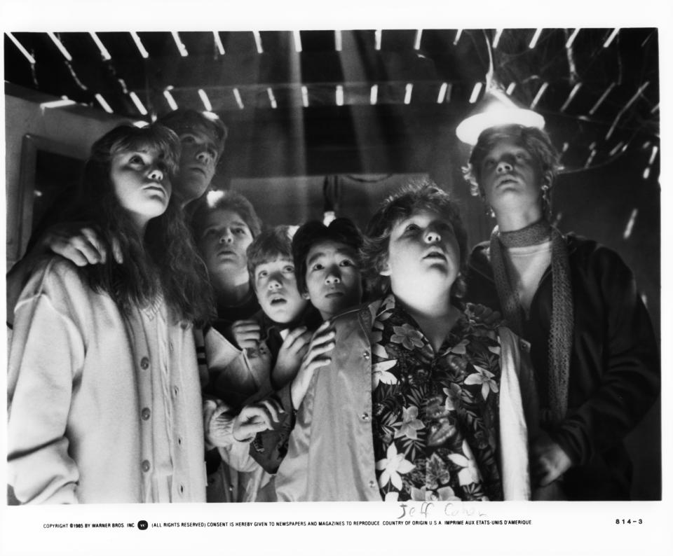 From left to right, Kerri Green, Josh Brolin, Corey Feldman, Sean Astin, Ke Huy Quan, Jeff Cohan and Martha Plimpton in Goonies