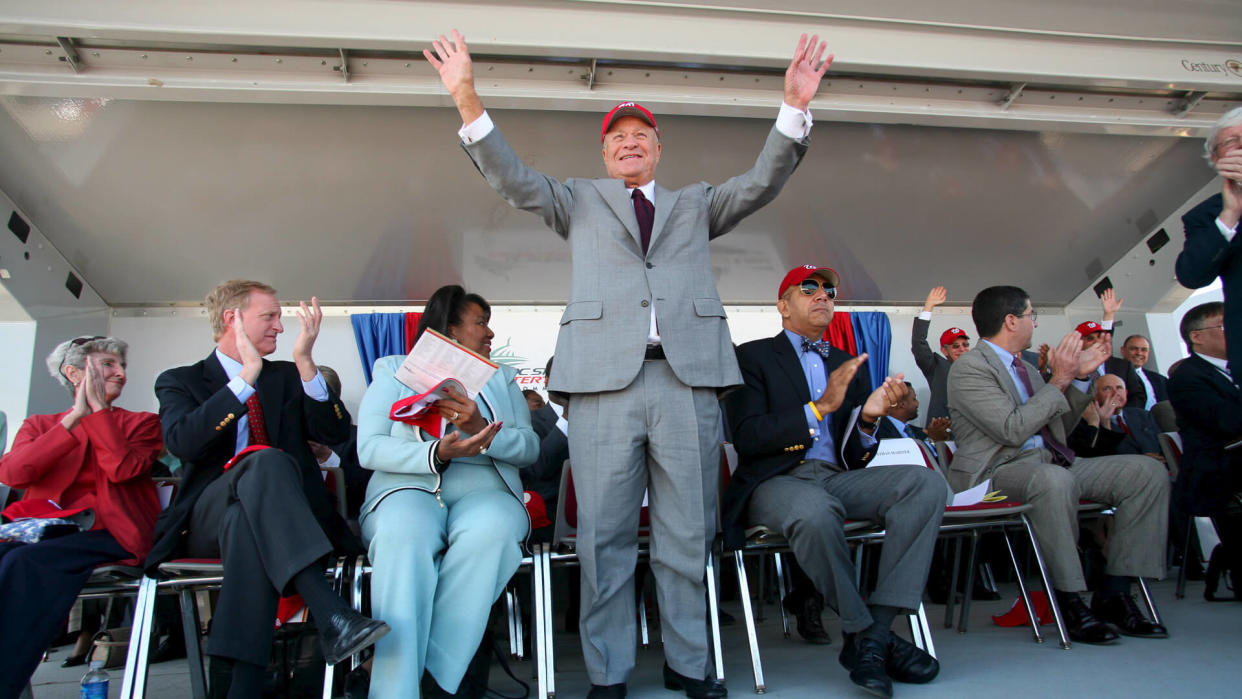 Mandatory Credit: Photo by Andrew Cutraro/EPA/Shutterstock (7916350d)Mark Lerner Owner of the Washington Nationals Baseball Team Acknowledges the Crowd During a Ground Breaking Ceremony For the Team's New Stadium in Southeast Washington Dc Thursday 4 May 2006 to the Left of Lerner is Linda Cropp Chairman of the City Council and to His Right is Mayor Anthony WilliamsUsa Baseball New Stadium - May 2006.