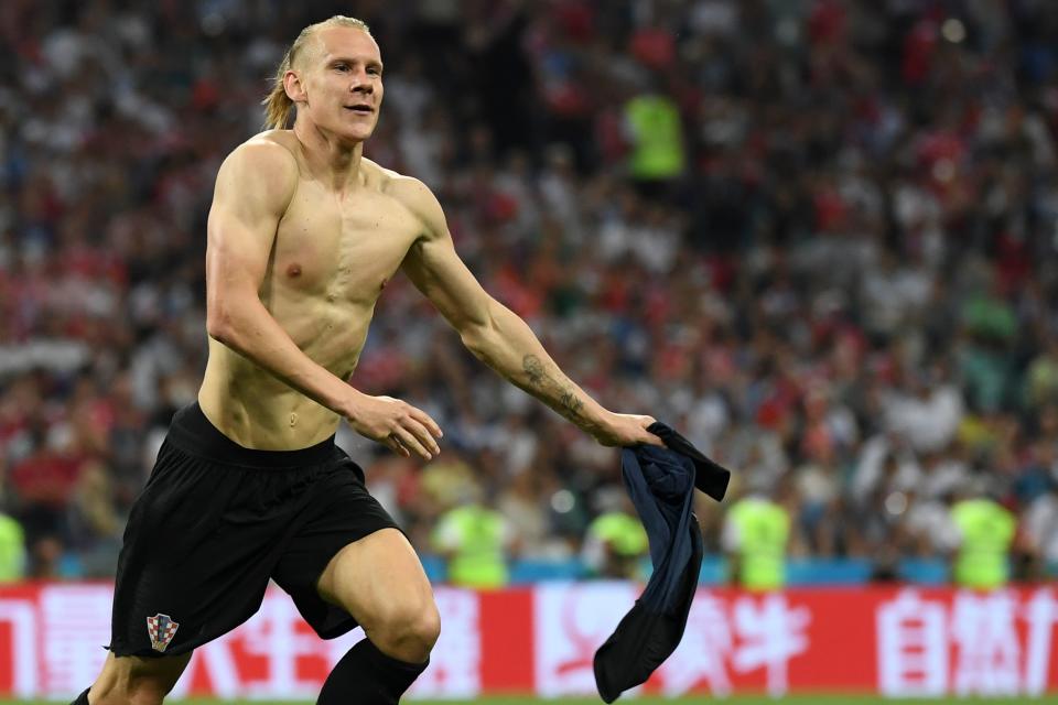 Croatia’s defender Domagoj Vida celebrates after scoring a goal during the extra time of the Russia 2018 World Cup quarter-final football match between Russia and Croatia at the Fisht Stadium in Sochi on July 7, 2018. (Getty Images)