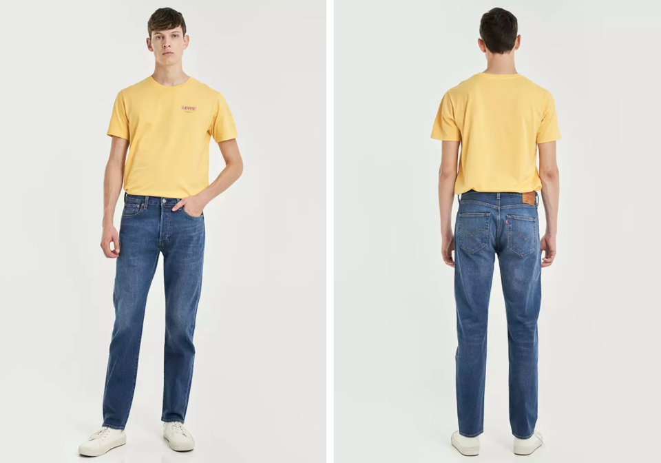 Front and back view of man wearing blue jeans and yellow top