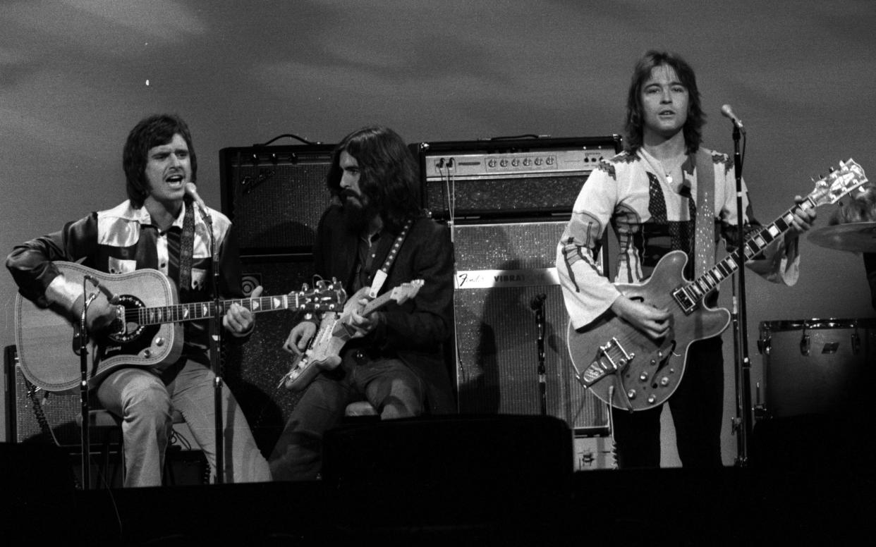 Gary Wright, left, on The Dick Cavett Show in the US in 1971 with George Harrison and Mick Jones