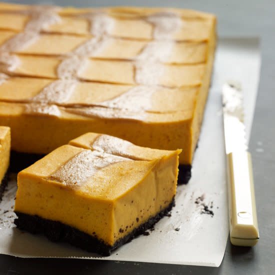 Pumpkin Cheesecake Bars with Caramel Swirl