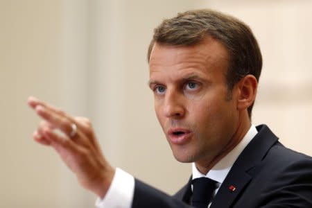 French President Emmanuel Macron attends a joint press conference with Spanish Prime Minister Pedro Sanchez (not pictured) at the Elysee Palace in Paris, France, June 23, 2018.  Thibault Camus/Pool via Reuters