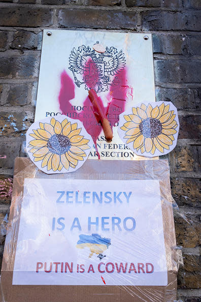 As the Russian invasion of Ukraine enters its fourth day, protests continue outside the Russian Embassy in Notting Hill, on 27th February 2022, in London, England. / Credit: Richard Baker /In Pictures via Getty Images