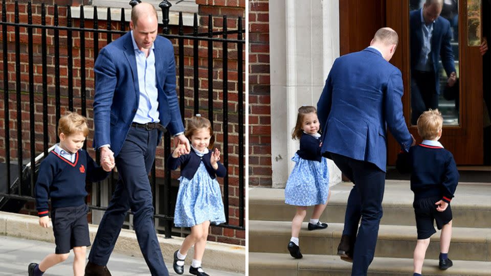 Prince William returned to the Lindo Wing with Prince George and Princess Charlotte an hour after leaving. Source: Getty