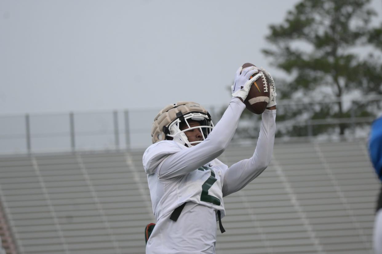 Florida A&M defensive back Demorie Tate looks in a ball during the Rattlers' first day of spring football practice in pads on Ken Riley Field at Bragg Memorial Stadium in Tallahassee, Florida, Friday, March 8, 2024.