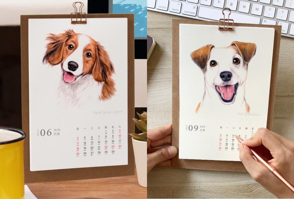 ★2023旺醬狗狗插畫年曆，水彩筆觸細緻勾勒狗兒萌樣。（圖片來源：Pinkoi）