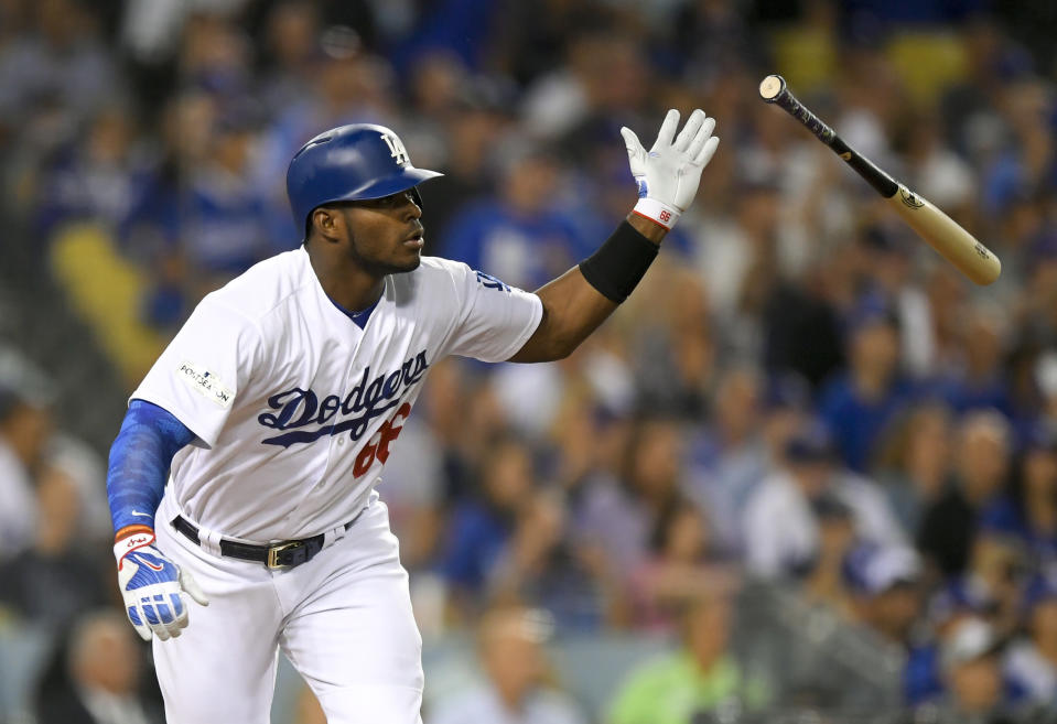 Yasiel Puig capped a Dodgers four-run first inning with a double and a series of crotch chops. (AP)
