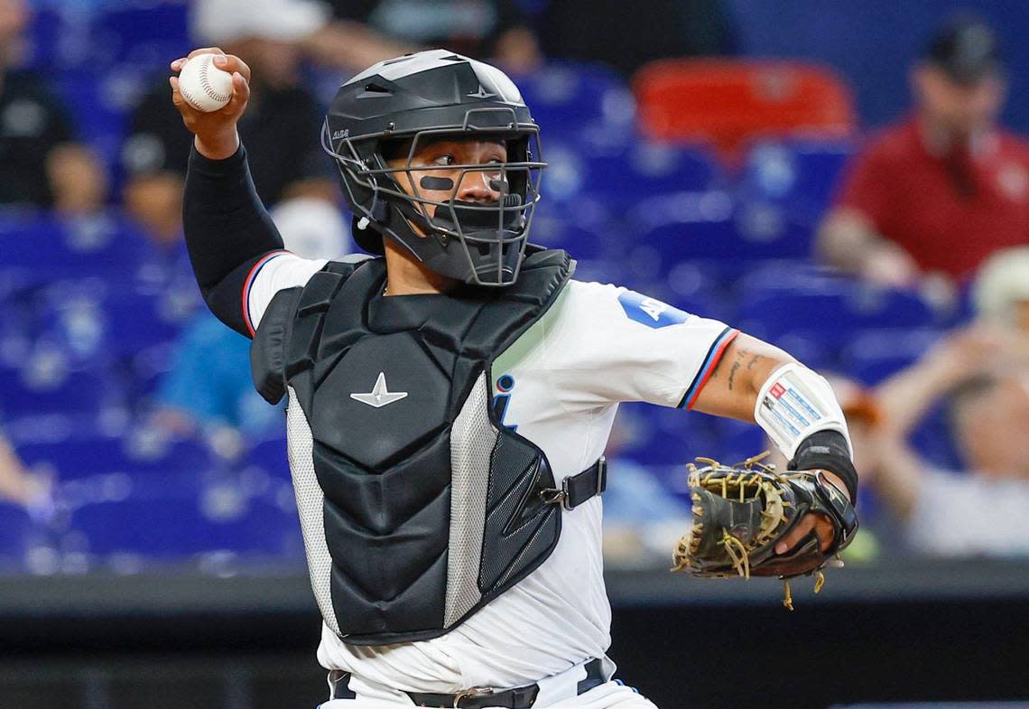 Miami Marlins catcher Jhonny Pereda (89) makes his Major League debut today against the San Francisco Giants at loanDepot park, Miami, Florida on Wednesday, April 17, 2024. Al Diaz/ adiaz@miamiherald.com