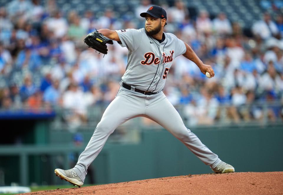 Detroit Tigers starting pitcher Eduardo Rodriguez (57) pitches during the first inning against the Kansas City Royals at Kauffman Stadium in Kansas City, Missouri, on Wednesday, July 19, 2023.