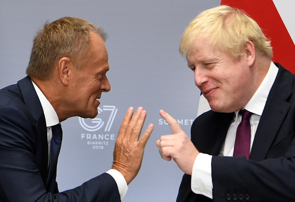 Prime Minister Boris Johnson meets European Council President Donald Tusk for bilateral talks during the G7 summit in Biarritz, France.