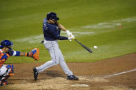 Tampa Bay Rays' Willy Adames hits a hits an RBI single during the eighth inning of a baseball game against the New York Mets Wednesday, Sept. 23, 2020, in New York. (AP Photo/Frank Franklin II)