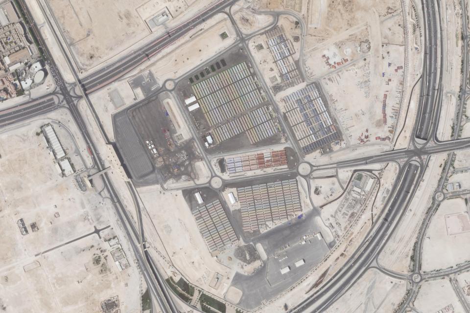 This satellite photo from Planet Labs PBC shows the Fan Village in Doha, Qatar, Oct. 16, 2022. Qatar on Wednesday, Nov. 9, 2022, unveiled a 6,000-cabin fan village in an isolated lot near its airports, an offering for housing toward the lower end of what's available for the upcoming World Cup just days away from starting. (Planet Labs PBC via AP)