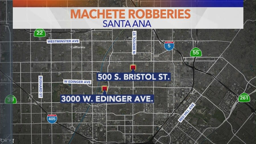 This map shows the location of two robberies in Santa Ana that each reportedly involved a person wielding a machete. 
