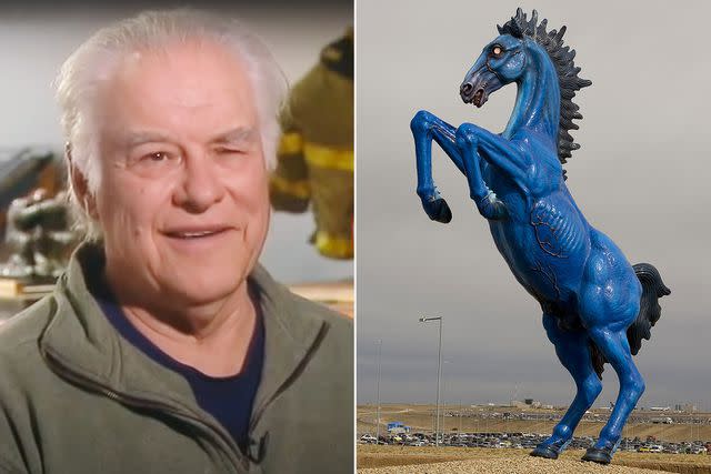 <p>Smithsonian American Art Museum/YouTube; George Rose/Getty</p> Luis Jimenez and his "Mustang" sculpture at the Denver Airport