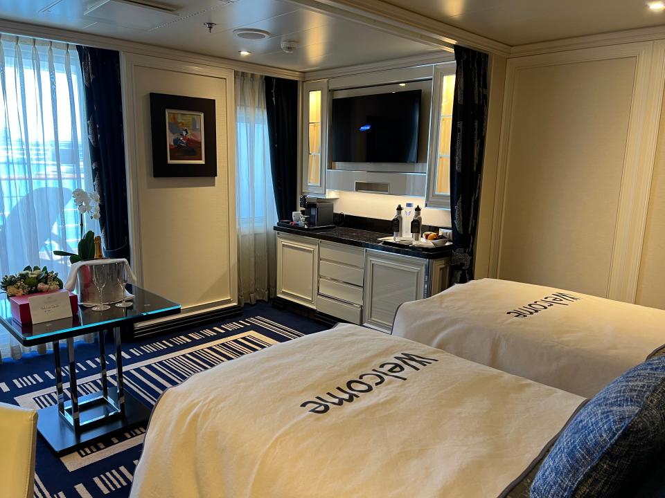 interior shot of a luxury cruise ship suite on a regent seven seas cruise