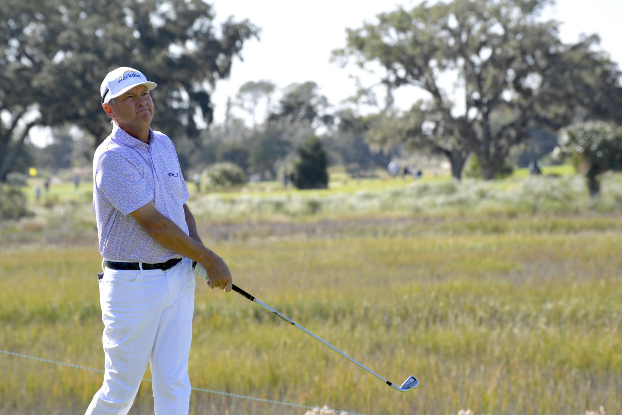 Davis Love III plays a tee shot on the third hole during the first round of The RSM Classic at Sea Island Resort Seaside Course on November 21, 2019 in Sea Island, Georgia. (Photo by Stan Badz/PGA TOUR via Getty Images)