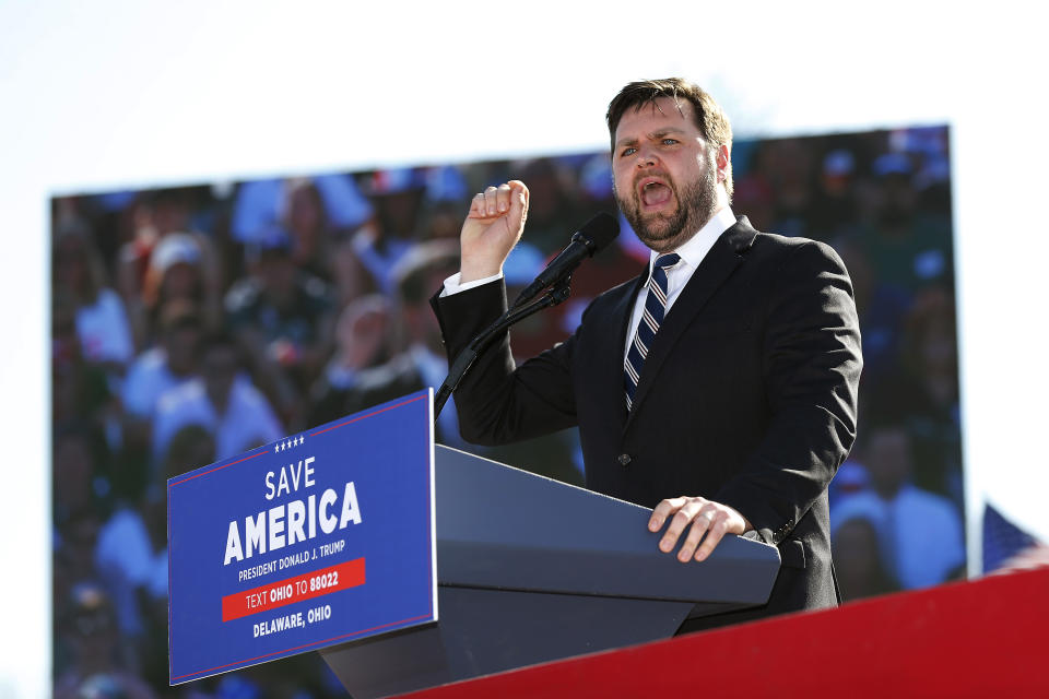 FILE - Republican Senate candidate JD Vance speaks at a rally at the Delaware County Fairgrounds, Saturday, April 23, 2022, in Delaware, Ohio. On Tuesday voters in Ohio choose between the Trump-backed JD Vance for an open U.S. Senate seat and several other contenders who spent months clamoring for the former president's support. (AP Photo/Joe Maiorana, File)