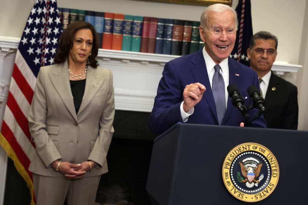 President Joe Biden delivers remarks on reproductive rights as Vice President Kamala Harris, and Secretary of Health and Human Services Xavier Becerra listen during an event at the Roosevelt Room of the White House on July 8, 2022 in Washington, DC. (Photo by Alex Wong/Getty Images)