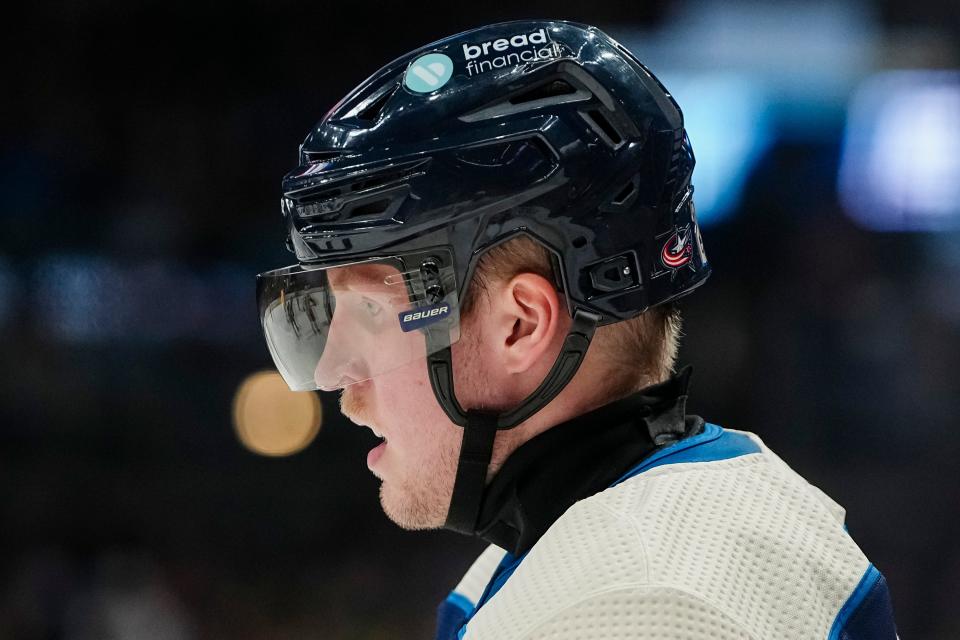 Nov 14, 2023; Columbus, Ohio, USA; Columbus Blue Jackets right wing Patrik Laine (29) wears neck protection as he skates during the third period of the NHL hockey game against the Pittsburgh Penguins at Nationwide Arena. The Blue Jackets lost 5-3.