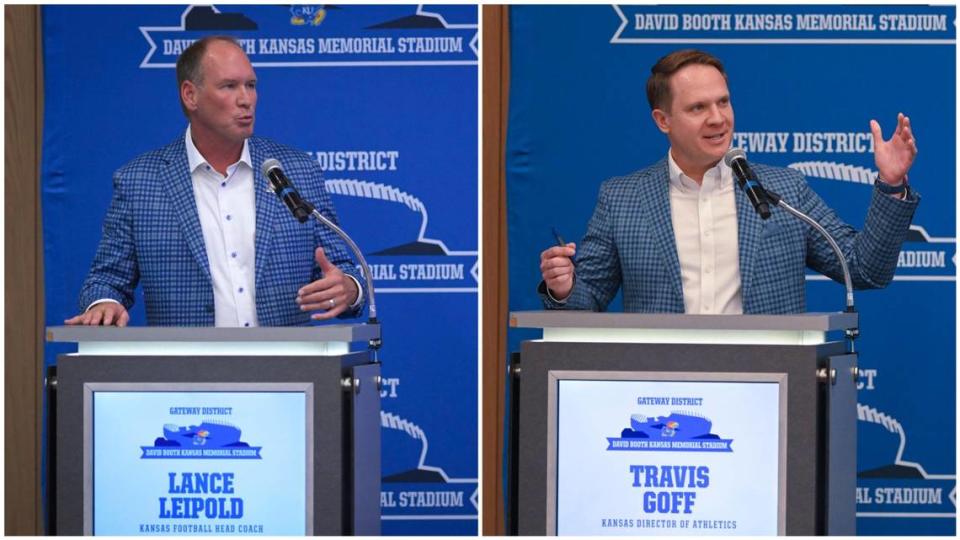 How connected are Kansas football coach Lance Leipold (left) and athletic director Travis Goff (right)? At Tuesday’s stadium announcement, Leipold quipped of their similar attire: “We’re so aligned, Travis and I kind of went for the same jacket.” Tammy Ljungblad/tljungblad@kcstar.com