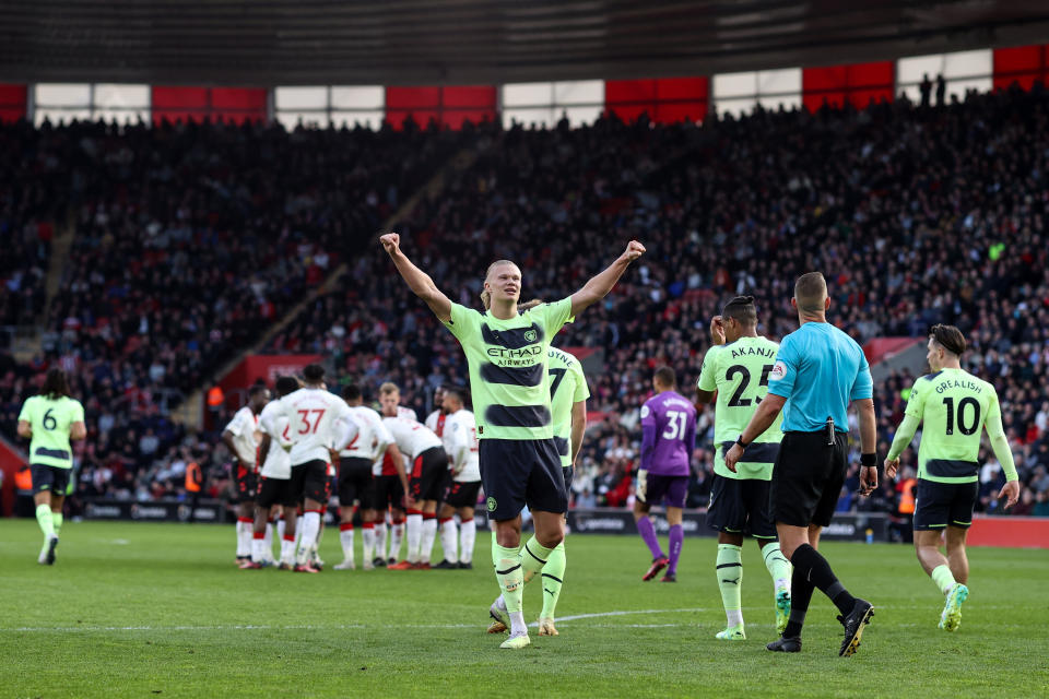 SOUTHAMPTON, ENGLAND - APRIL 08: Erling Haaland of Manchester City celebrates scoring their 3rd goal during the Premier League match between Southampton FC and Manchester City at Friends Provident St. Mary's Stadium on April 8, 2023 in Southampton, United Kingdom. (Photo by Charlotte Wilson/Offside/Offside via Getty Images)