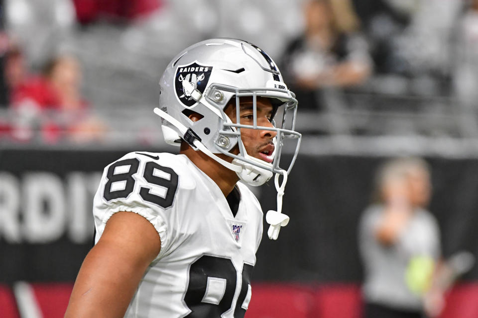 Aug 15, 2019; Glendale, AZ, USA; Oakland Raiders wide receiver Keelan Doss (89) warms up prior to a preseason game against the Arizona Cardinals at State Farm Stadium. Mandatory Credit: Matt Kartozian-USA TODAY Sports