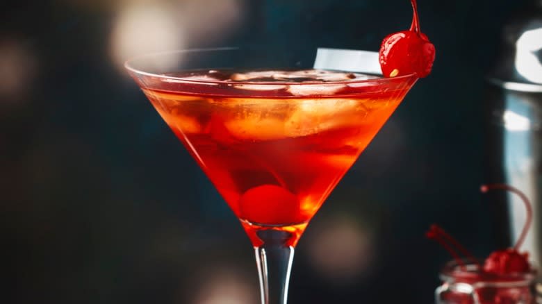 Close-up of a Manhattan served in a martini glass with a cherry