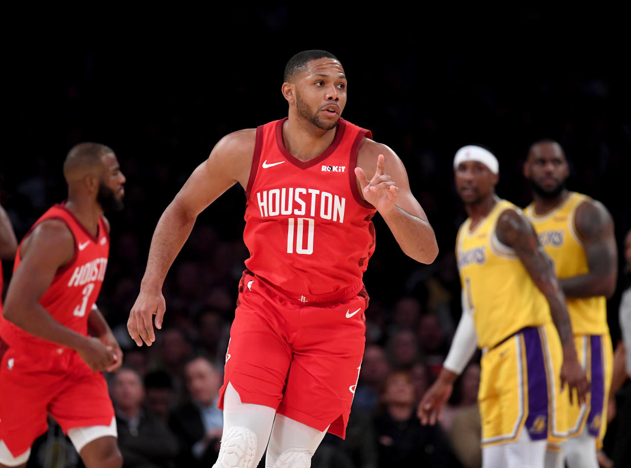 LOS ANGELES, CALIFORNIA - FEBRUARY 21:  Eric Gordon #10 of the Houston Rockets reacts to his three pointer during a 111-106 loss to the Los Angeles Lakers at Staples Center on February 21, 2019 in Los Angeles, California. (Photo by Harry How/Getty Images)