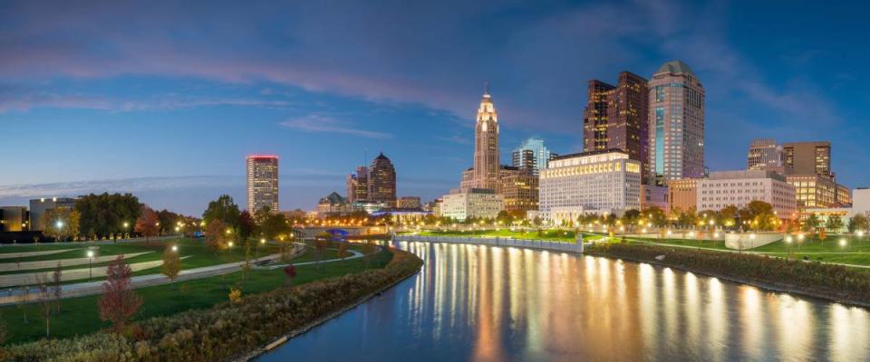 Downtown Columbus viewed from one of its many green parks