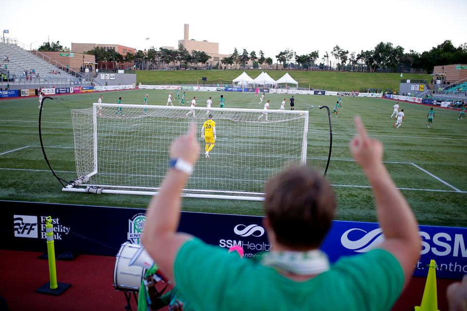 The Grid member RJ Williams cheers July 10, 2021, during a soccer game between Energy FC and Indy Eleven at Taft Stadium in Oklahoma City.