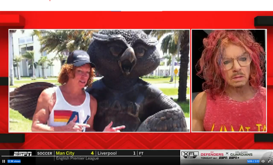 Screenshot of Florida Atlantic alum Carrot Top talking about FAU on ESPN's College GameDay ahead of Final Four