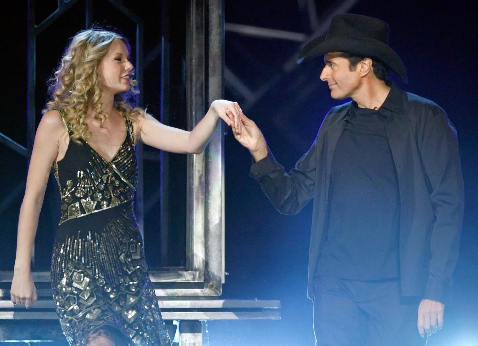 <p>In 2009, magician David Copperfield—wearing a cowboy hat—stopped by the ACMs to dramatically <a href="https://www.youtube.com/watch?v=U-dshMNQLvI" rel="nofollow noopener" target="_blank" data-ylk="slk:make Taylor Swift "appear;elm:context_link;itc:0;sec:content-canvas" class="link ">make Taylor Swift "appear</a>." We're not sure how he pulled off the trick, but it certainly was over the top.</p>