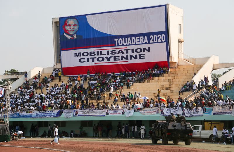 Supporters of Central African Republic President Faustin Archange Touadera gather for a political rally at the stadium in Bangui