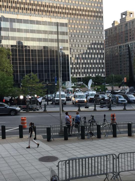 TV cameras outside court in Manhattan on Aug. 27, 2019, before the Jeffrey Epstein hearing.