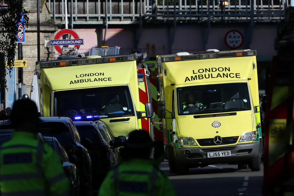 Police, fire and ambulance crew attend to an incident at Parsons Green underground station in London, Britain, September 15, 2017.  REUTERS/Luke MacGregor