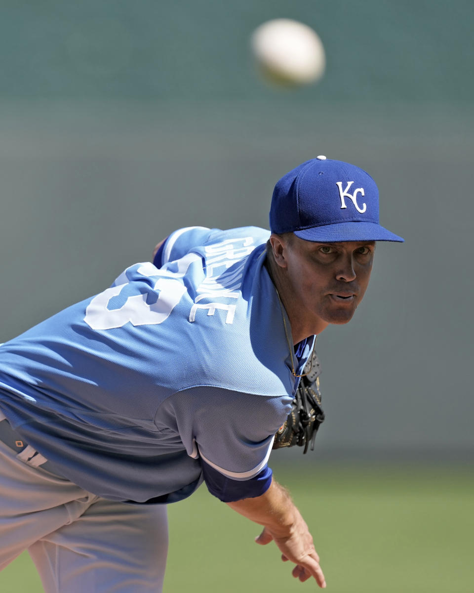 Kansas City Royals starting pitcher Zack Greinke throws during the first inning of a baseball game against the Cleveland Guardians Wednesday, Sept. 20, 2023, in Kansas City, Mo. (AP Photo/Charlie Riedel)