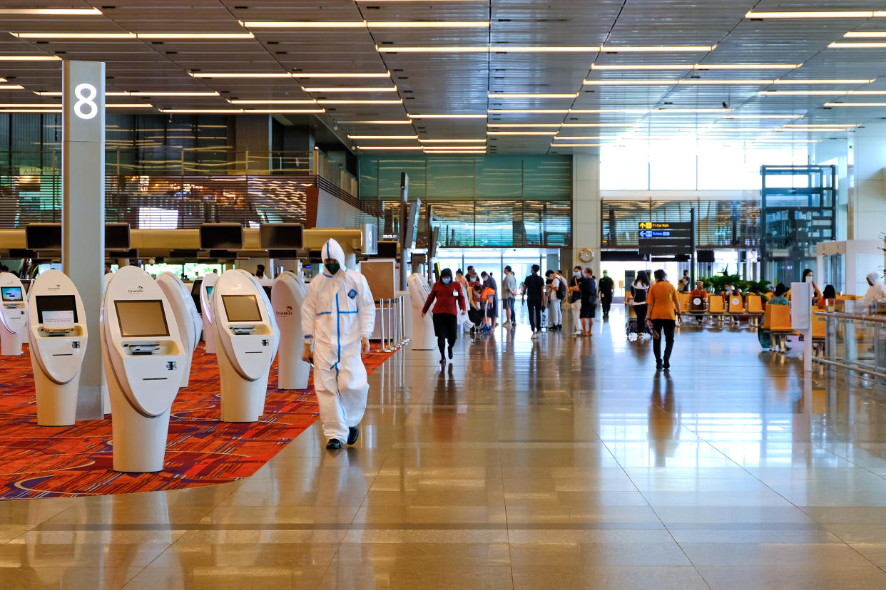 Singapore Jun2020 Covid-19 Changi Airport. A quiet uncrowded Terminal 3; few tourists travellers. Essential business travel between Singapore & China to reopen early July; ease restrictions on flights