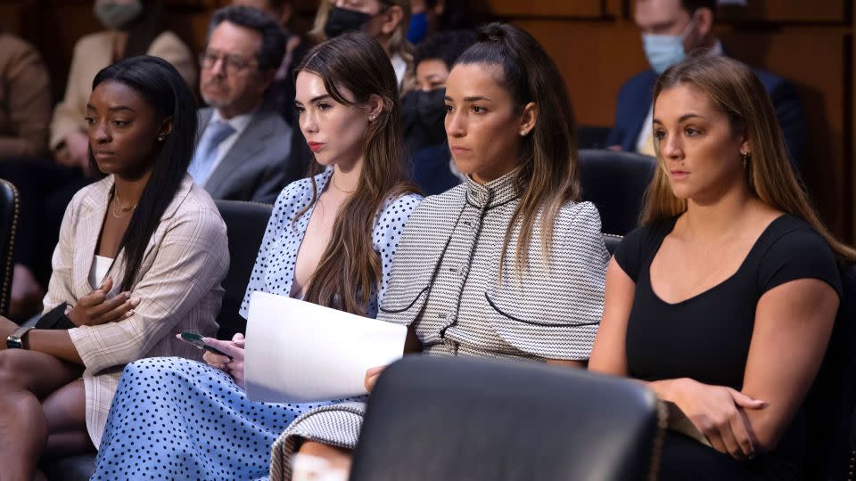 US gymnasts Simone Biles, McKayla Maroney, Aly Raisman and Maggie Nichols during a 2021 Senate Judiciary hearing. - Saul Loeb/AP