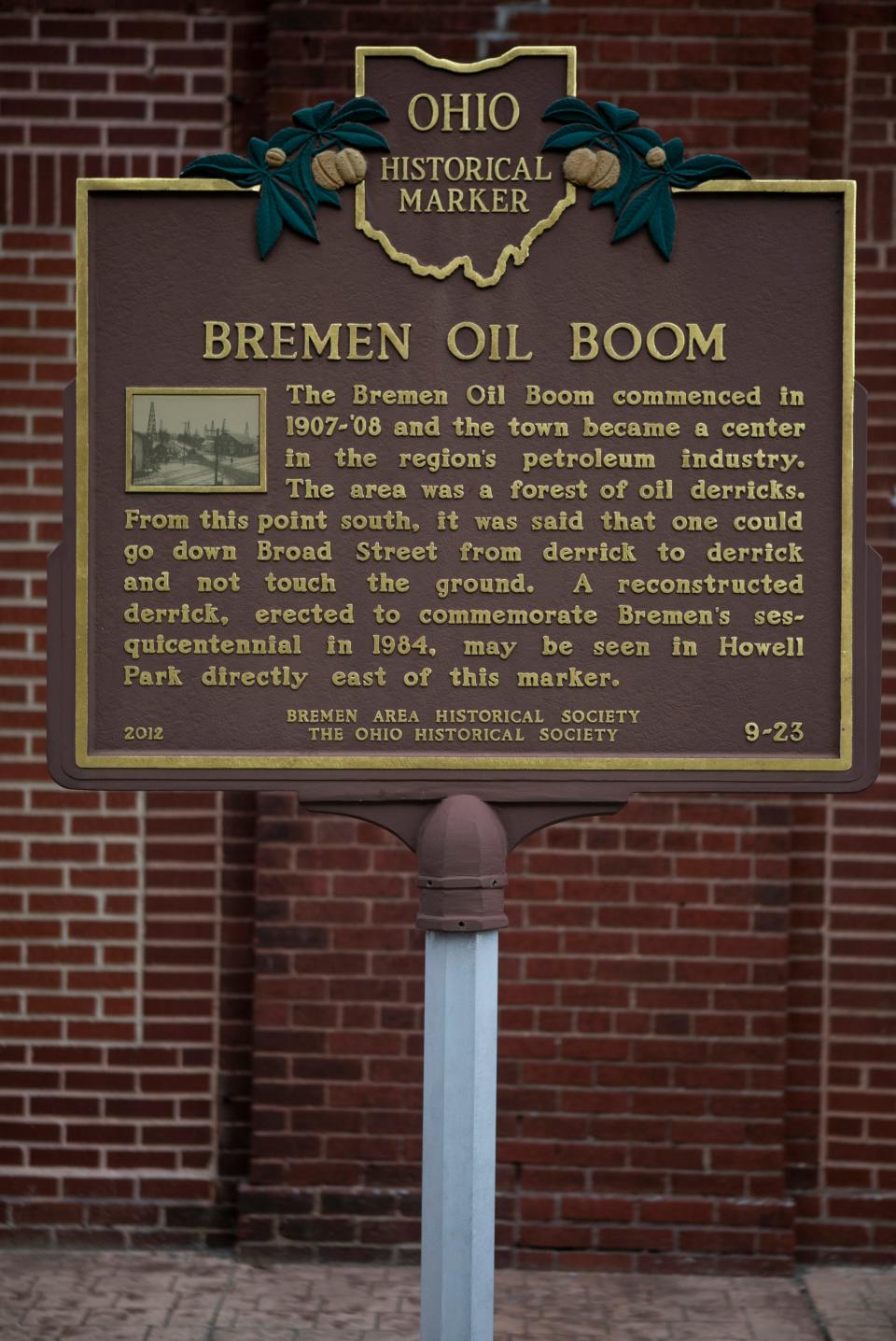 The Ohio Historical Marker for the Bremen Oil Boom on September 26, 2023, in Bremen, Ohio.
