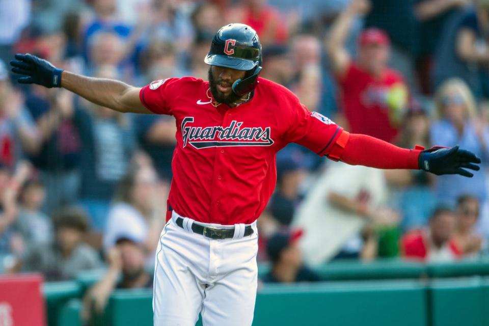 Cleveland Guardians' Amed Rosario celebrates while running the bases after hitting a solo home run off New York Yankees starting pitcher Nestor Cortes during the first inning in the second baseball game of a doubleheader, Saturday, July 2, 2022, in Cleveland. (AP Photo/David Dermer)