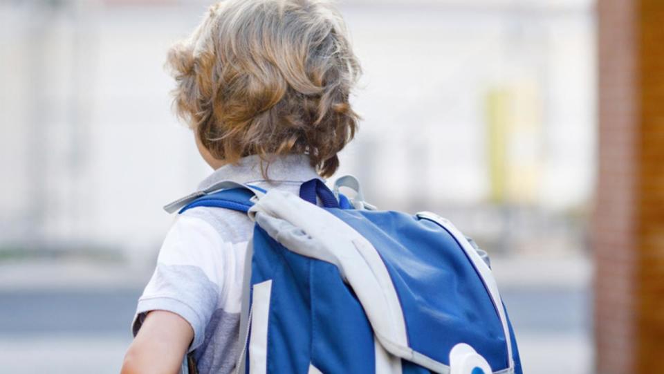 Happy little kid boy with backpack or satchel called Ranzen in German. Schoolkid on way to school. Portrait of healthy adorable child outdoors. Student, pupil, back to school. Elementary school age.