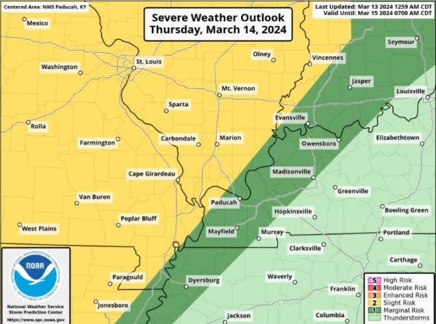 The Storm Prediction Center's severe weather outlook for the Tri-State for Thursday night into early Friday.