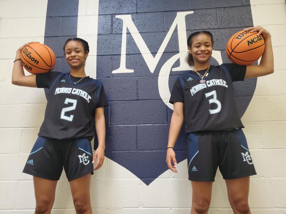 Morris Catholic freshman guards Mya, left, and Mia Pauldo on Feb. 24, 2022, at Morris Catholic High School.