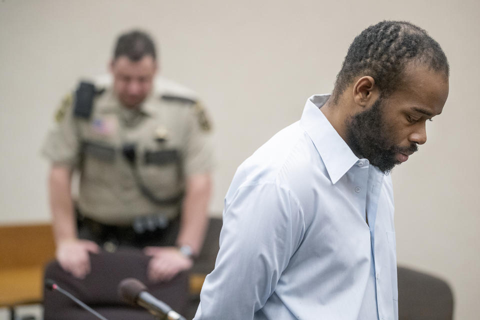 FILE - Emmanuel Aranda, who threw a 5-year-old boy over a Mall of America balcony, listens as Judge Jeannice Reding hands out a 19-year sentence at the Hennepin County Government Center on June 3, 2019 in Minneapolis, Minn. The family of a boy who was severely injured when he was thrown off a third-floor balcony at the Mall of America in April 2019 has reached a confidential settlement with the shopping center, which includes making changes to its trespassing policies, the family and mall announced Monday, Dec. 5, 2022. (Elizabeth Flores/Star Tribune via AP, File)