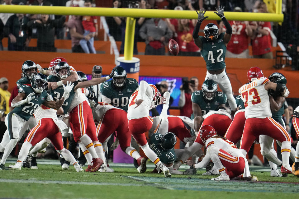 Kansas City Chiefs place kicker Harrison Butker (7) kicks the game-winning field goal during the second half of the NFL Super Bowl 57 football game against the Philadelphia Eagles, Sunday, Feb. 12, 2023, in Glendale, Ariz. The Kansas City Chiefs defeated the Philadelphia Eagles 38-35. (AP Photo/Marcio J. Sanchez)